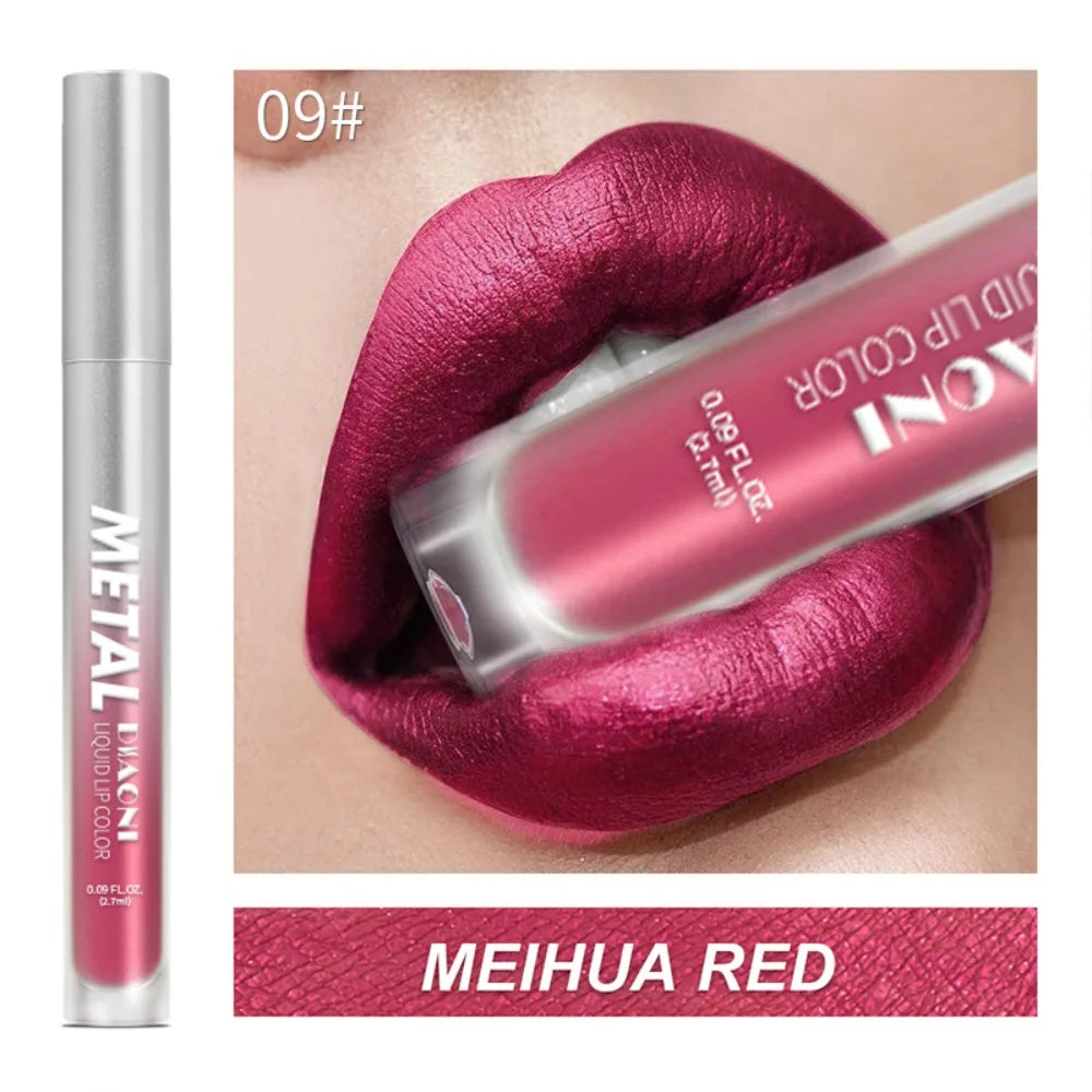 Rouge à lèvres liquide à brillant métallique, 12 couleurs, nacré, imperméable, brillant à lèvres, anti-taches, maquillage glamour pour les lèvres