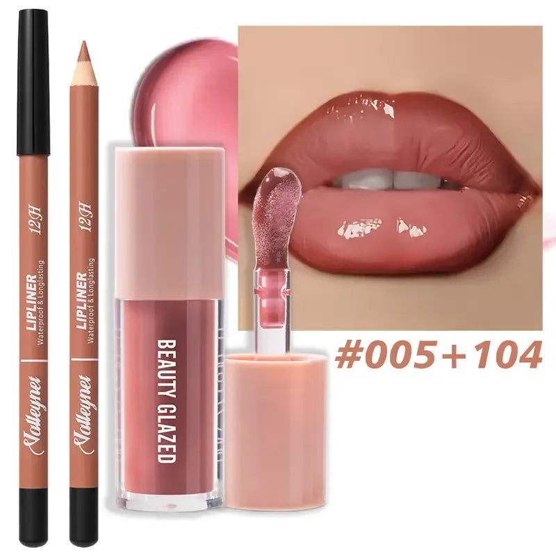 Set 2 Pièces Maquillage Lèvres – Matte Waterproof, Crayon et Gloss, Texture Crayon, Teintes Rouge, Marron, Rose et Nude