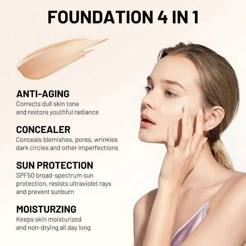 Fond de Teint Liquide 4-en-1 – Hydratant, Couvrance Moyenne à Totale, Correcteur, SPF 50+, Longue Tenue, Waterproof, Maquillage Naturel pour le Visage