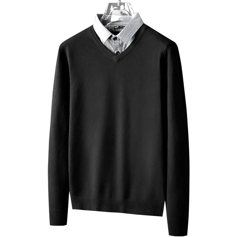 Pull tricoté élégant et ajusté pour hommes, faux deux pièces, col de chemise à la mode, automne hiver, modèle masculin aérien
