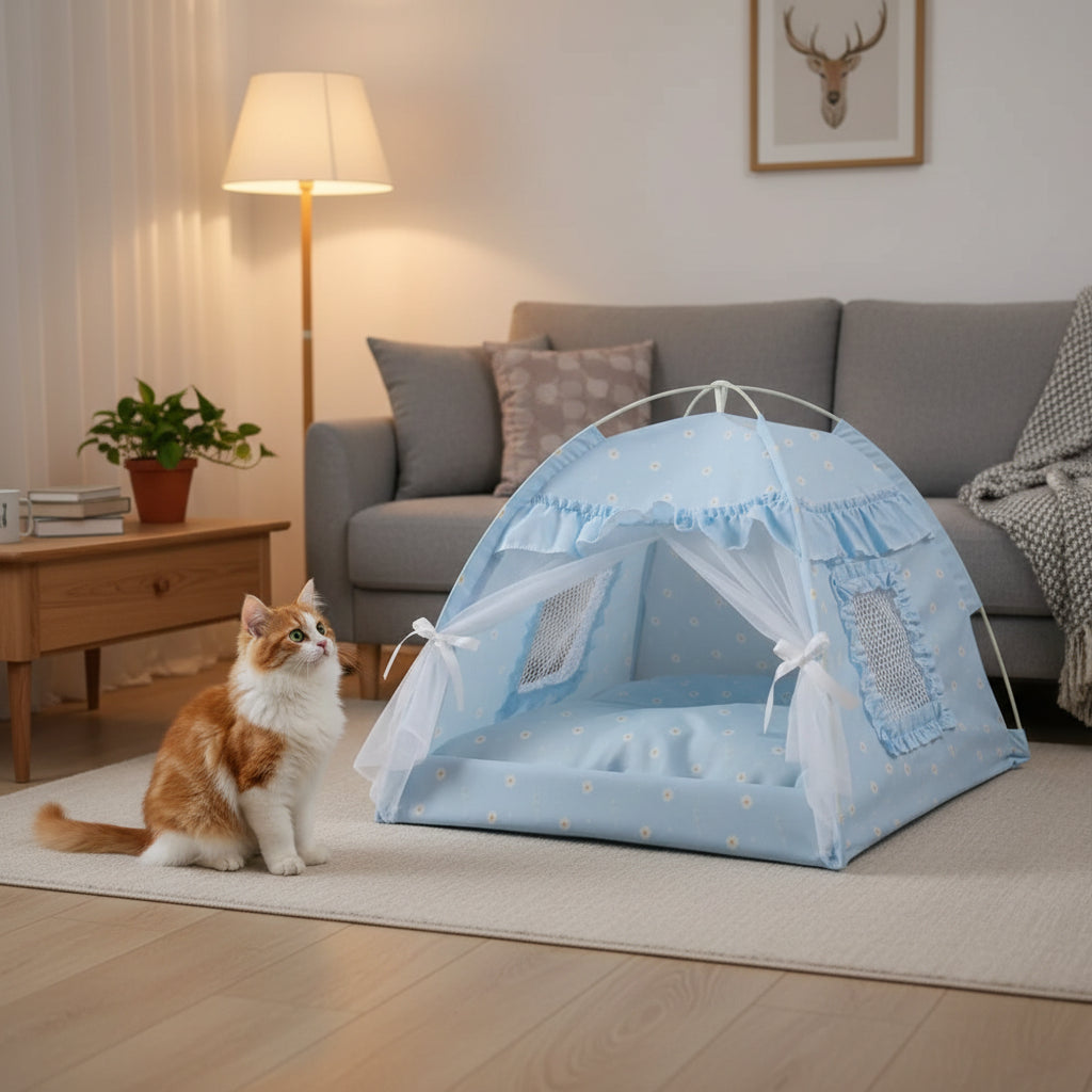 Foldable Princess Pet Bed – Floral Cat & Dog Tent House with Removable Cushion