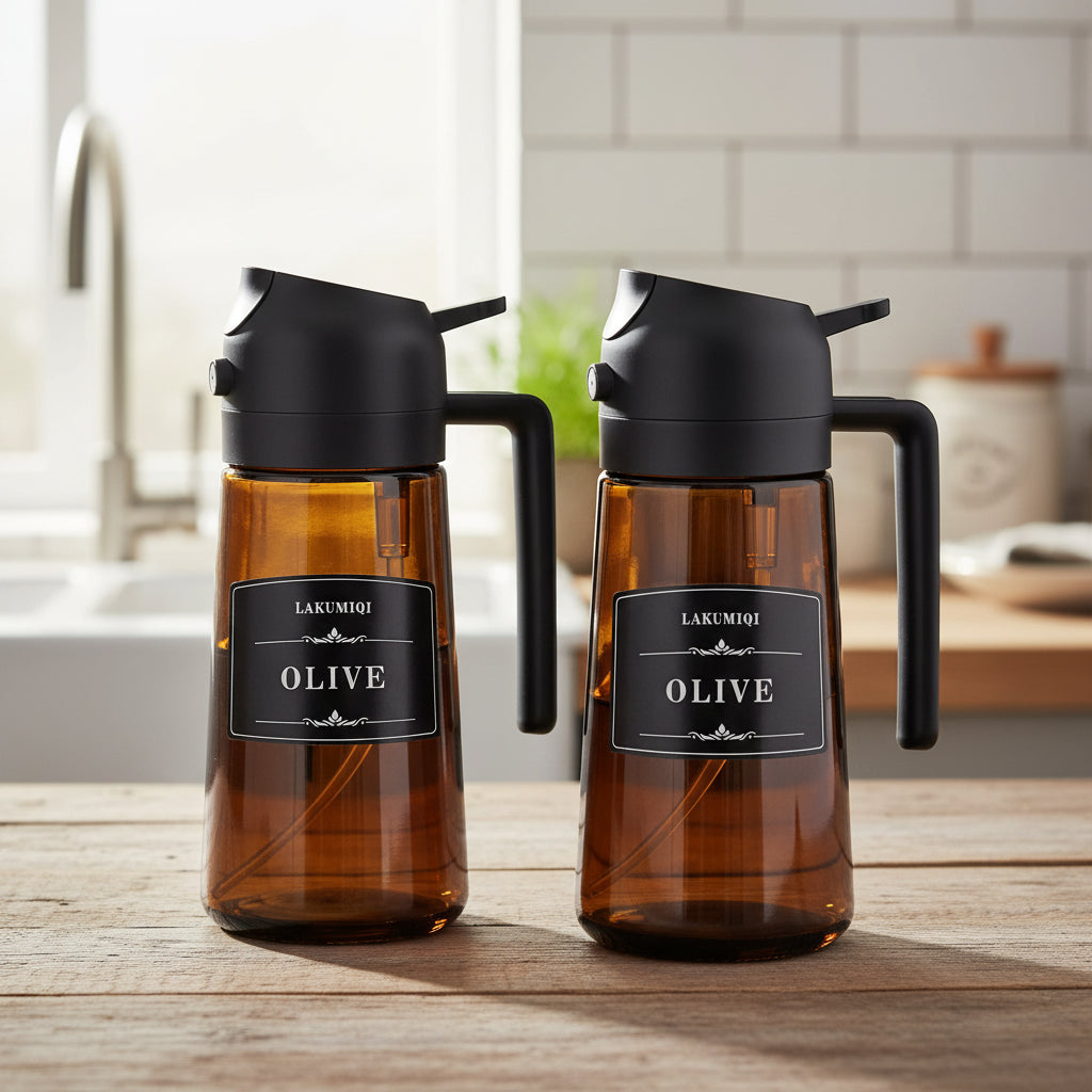 2-in-1 Glass Oil Dispenser & Sprayer – 470ml (16oz) Leakproof Olive Oil Bottle for Cooking, Air Fryer & BBQ