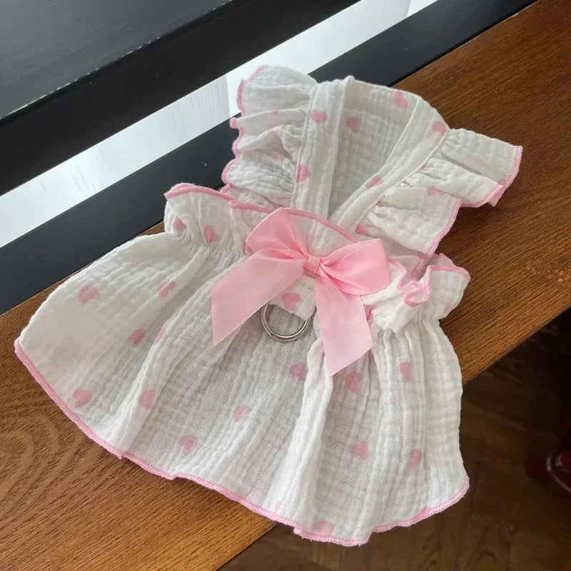 Heart Print Dog Dress with Bow – Cute Summer Princess Outfit for Small Dogs & Cats