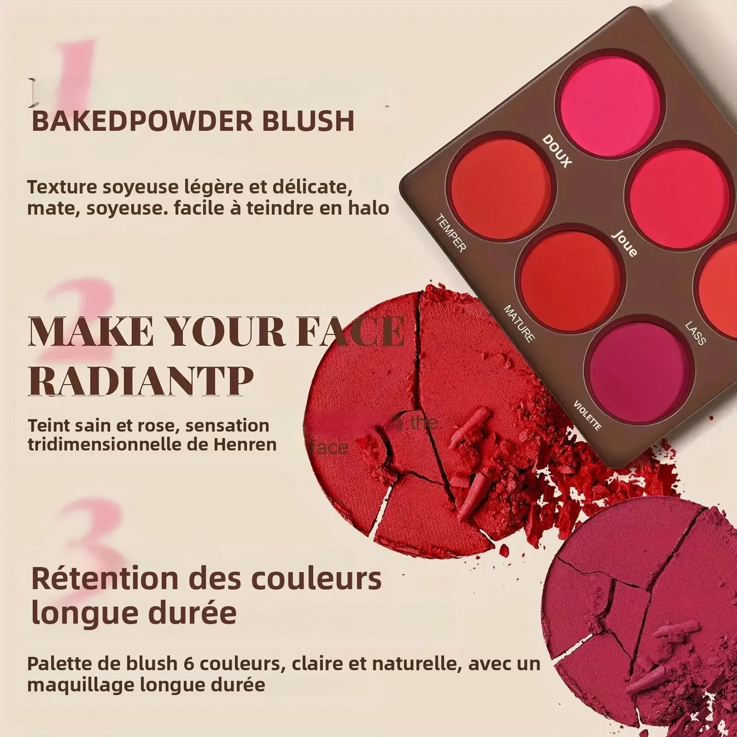 Set 1 palette de blush 6 couleurs – Mat et waterproof, couvrance modulable moyenne, longue tenue – Fini naturel, léger et respirant, avec pinceau offert