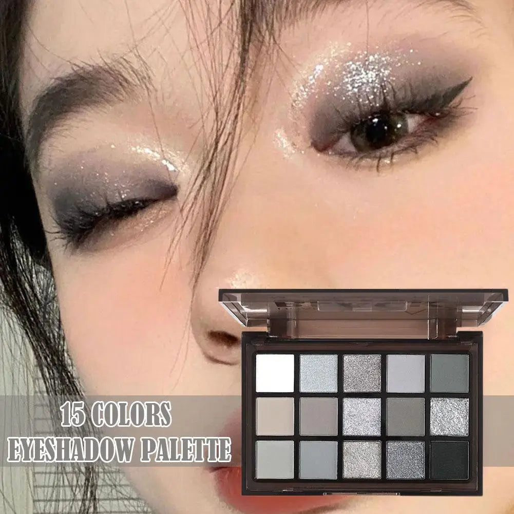 **« Palette fards à paupières 15 couleurs – Noir smoky, gris foncé, mat et scintillant »**