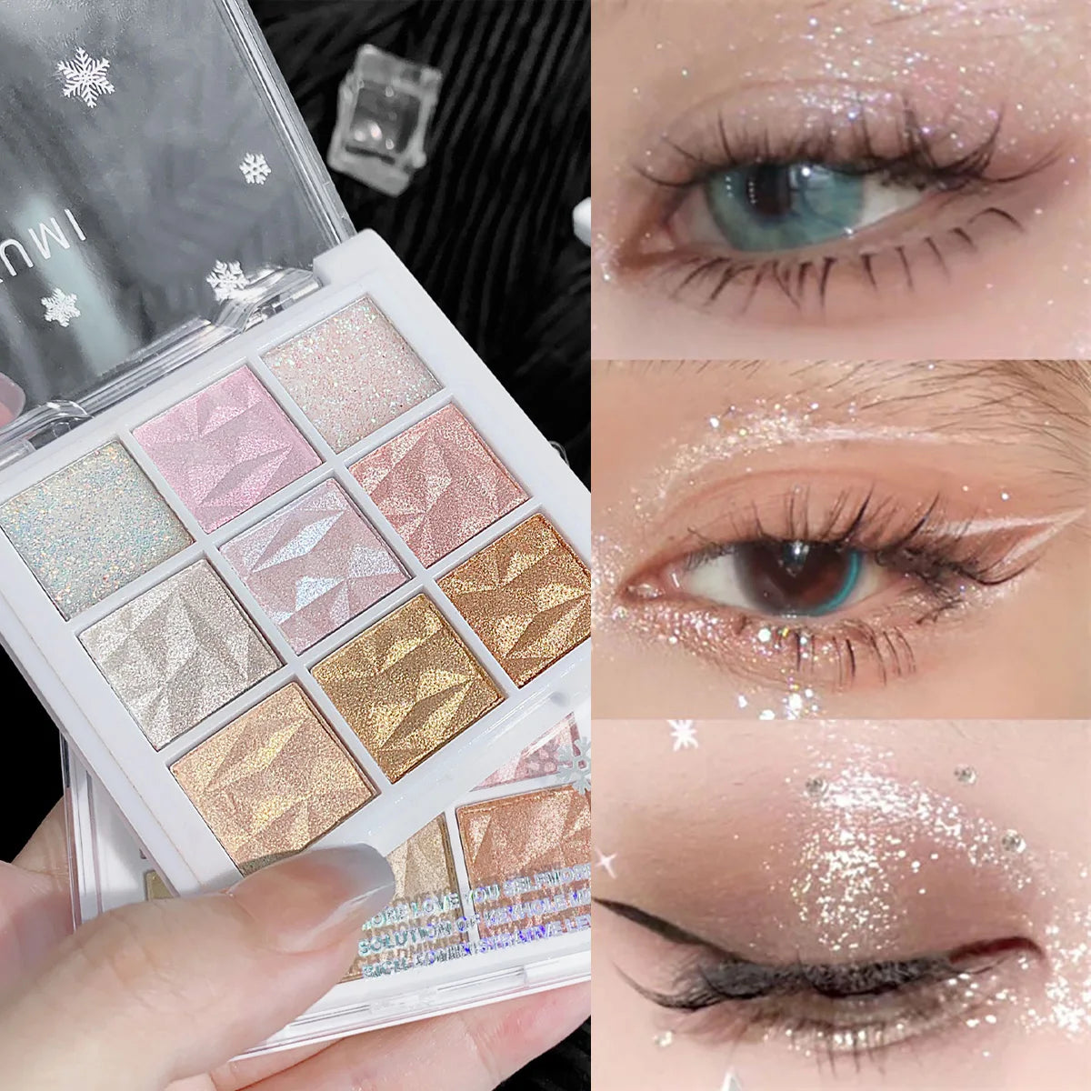 Palette fards à paupières 9 couleurs, paillettes fines et nacrées, longue tenue, highlighter yeux