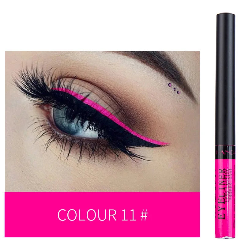Eyeliner Néon UV — stylo liquide waterproof, fini mat, couleurs vives jaune, rouge et violet, maquillage yeux