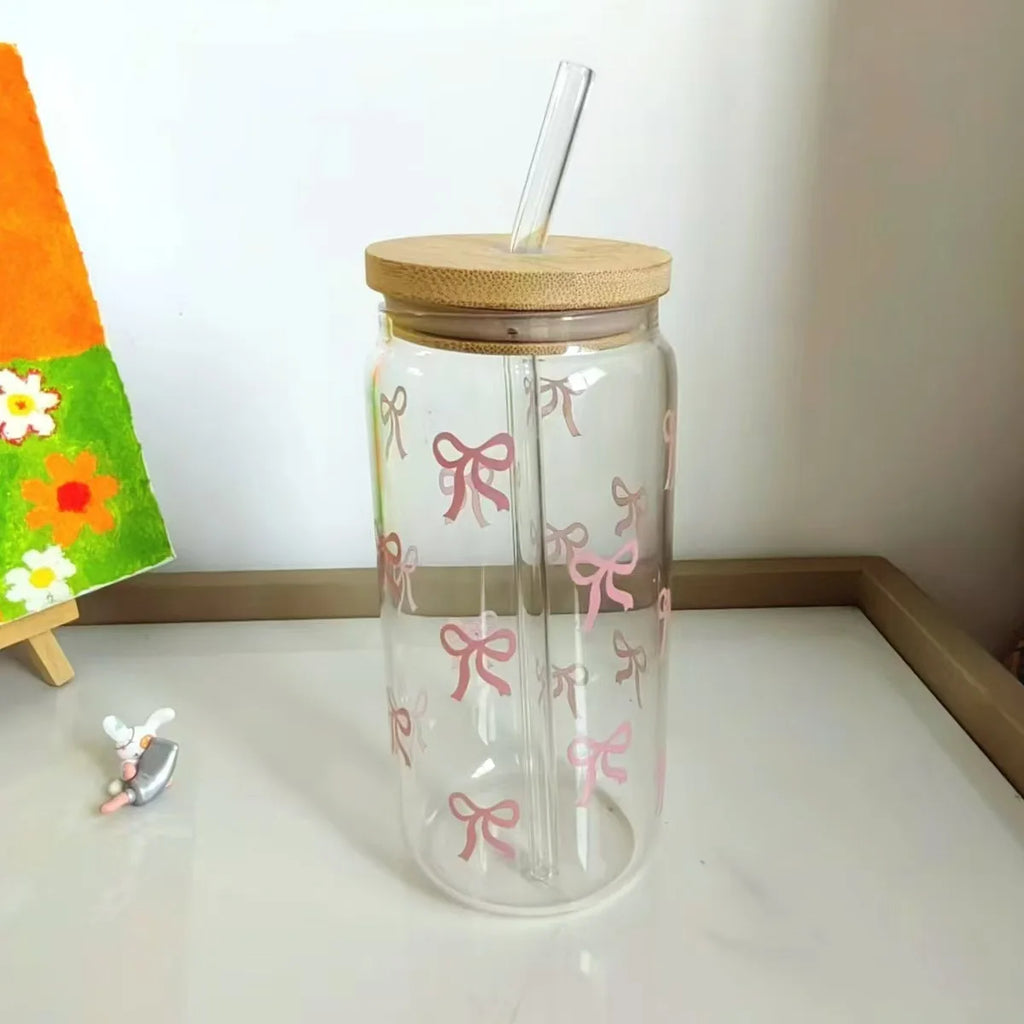 500ml Cute Bow Glass Tumbler with Lid & Straw – Mason Jar Style Cup for Iced Coffee, Juice & Smoothies