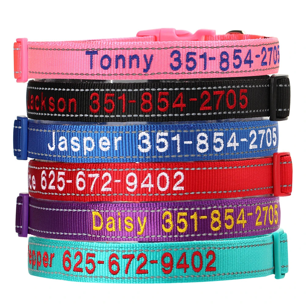 Personalized Embroidered Reflective Dog & Cat Collar – Custom Name & Phone ID