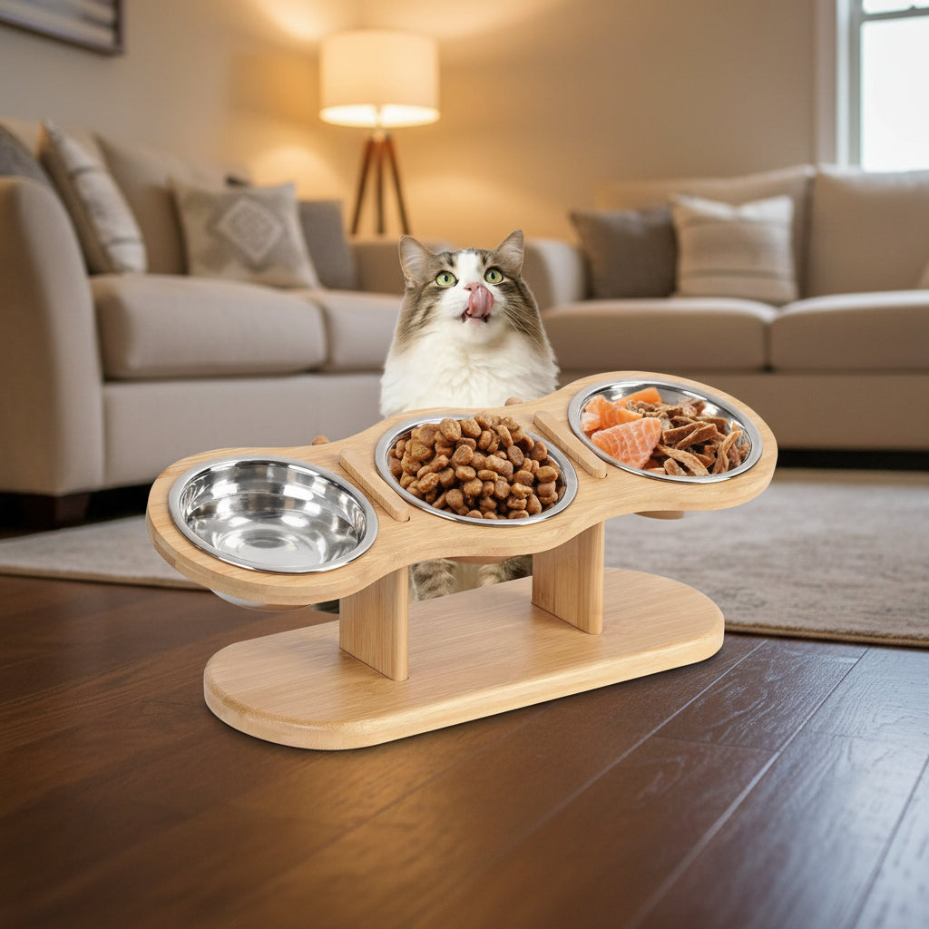 Elevated Wooden Pet Feeder with 3 Stainless Steel Bowls – Food & Water Station