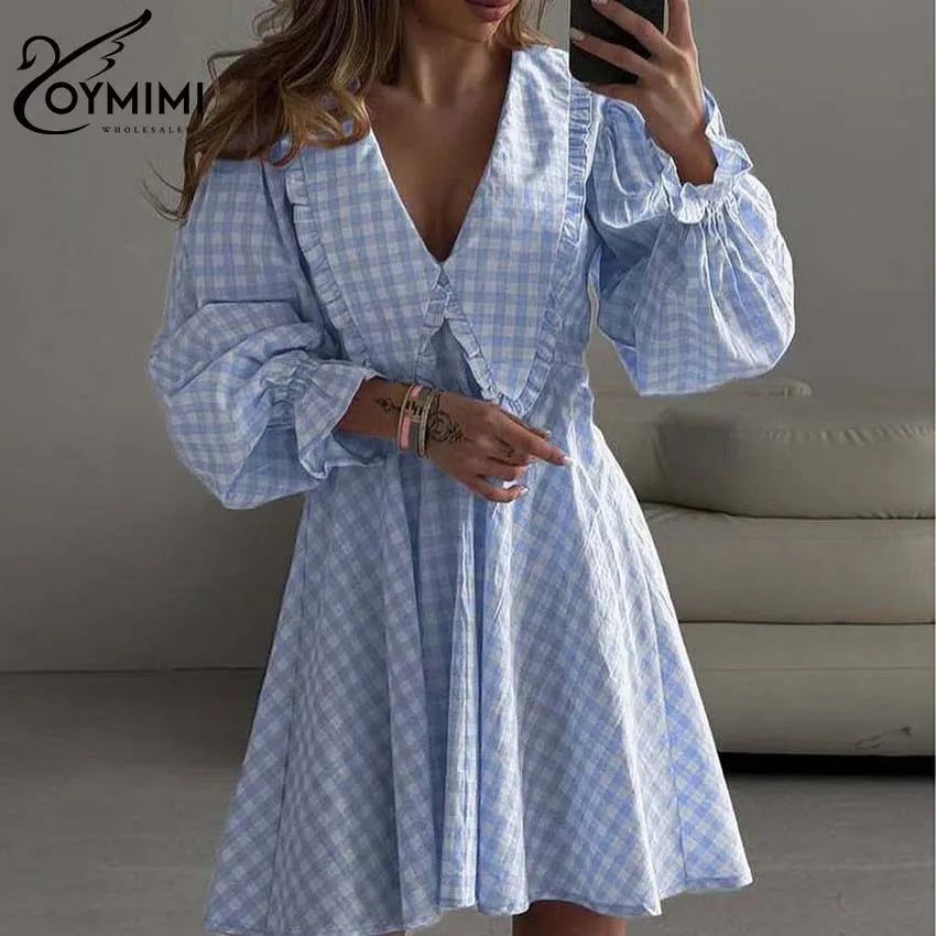 Robe Mini Femme Imprimée – Col V, Manches Longues, Coupe Large, Style Streetwear