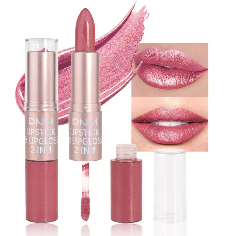 Rouge à lèvres 2-en-1 + gloss — Couleur métallique et nacrée | Tenue longue durée et hydratante | Waterproof | Finition brillante et sexy pour maquillage des lèvres