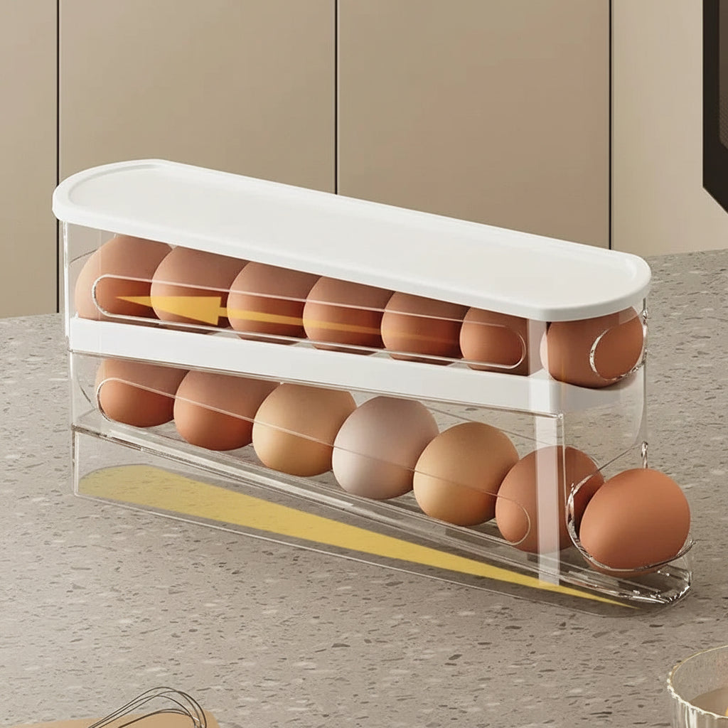 2-Layer Rolling Egg Storage Box – Automatic Refrigerator Egg Organizer