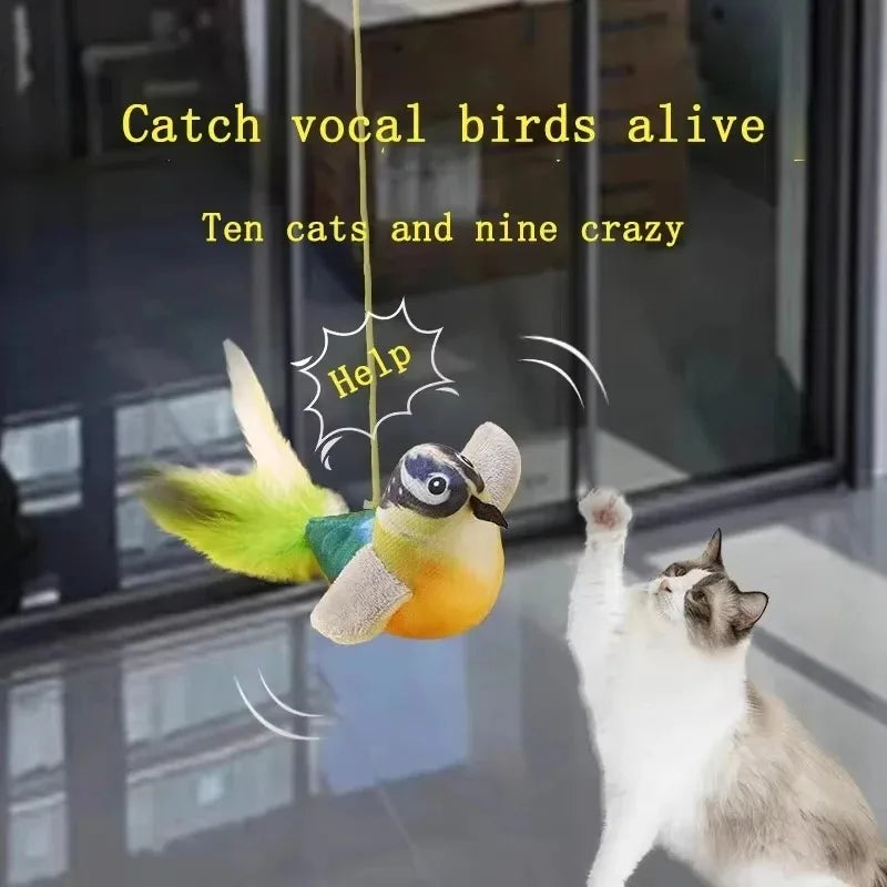 Interactive Chirping Bird Cat Toy with Elastic Rope