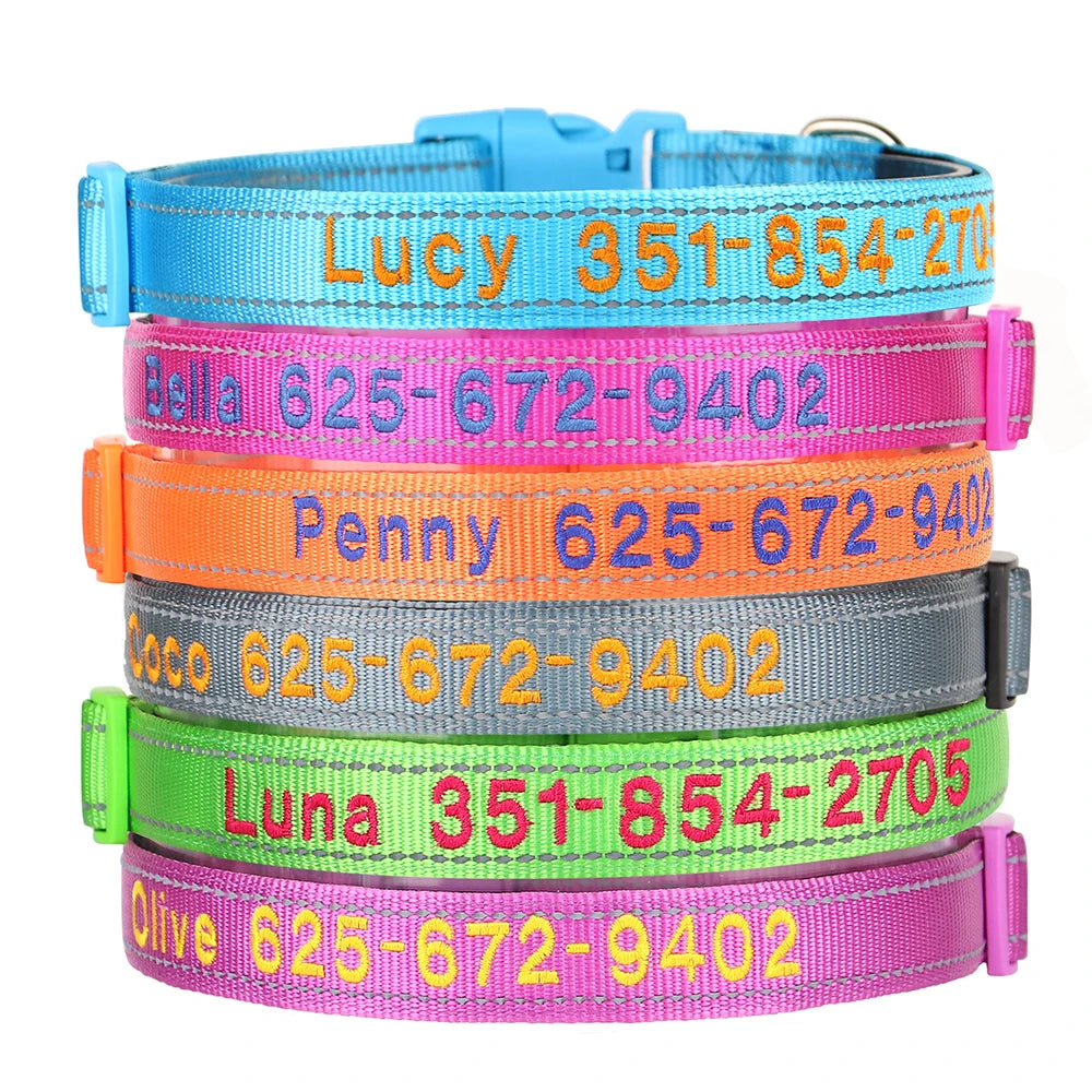 Personalized Embroidered Reflective Dog & Cat Collar – Custom Name & Phone ID