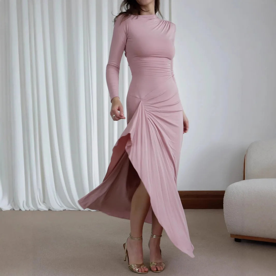 Robe de Soirée Élégante pour Femmes – Manches Longues, Effet Froncé, Fente, Luxe et Sexy, Idéale pour Soirées, Hiver et Prom
