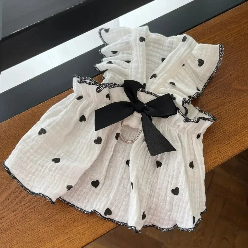 Heart Print Dog Dress with Bow – Cute Summer Princess Outfit for Small Dogs & Cats