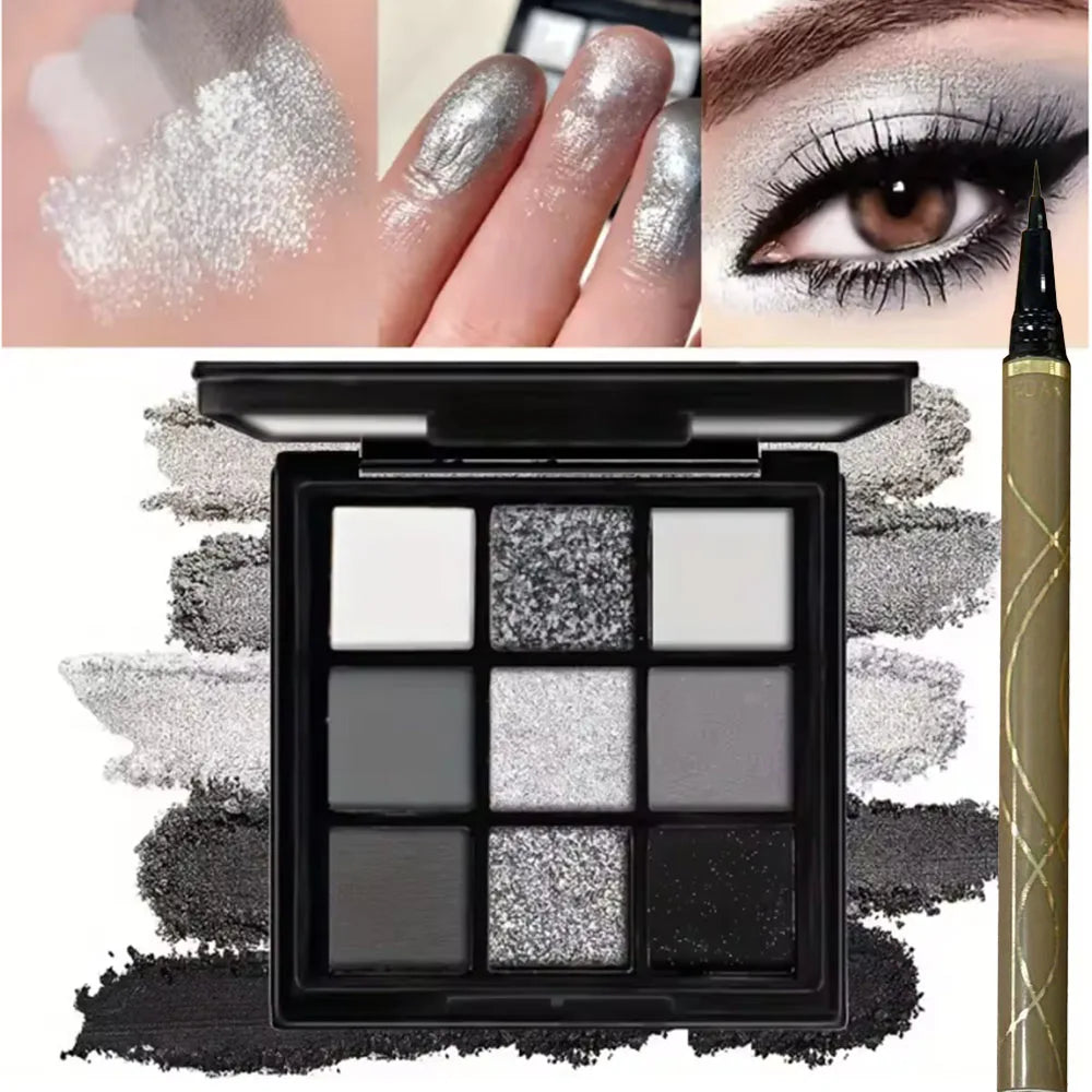 Palette de fards à paupières 9 couleurs avec pinceau – Maquillage smoky gris-rose, fini mat et nacré, effet illuminant soyeux