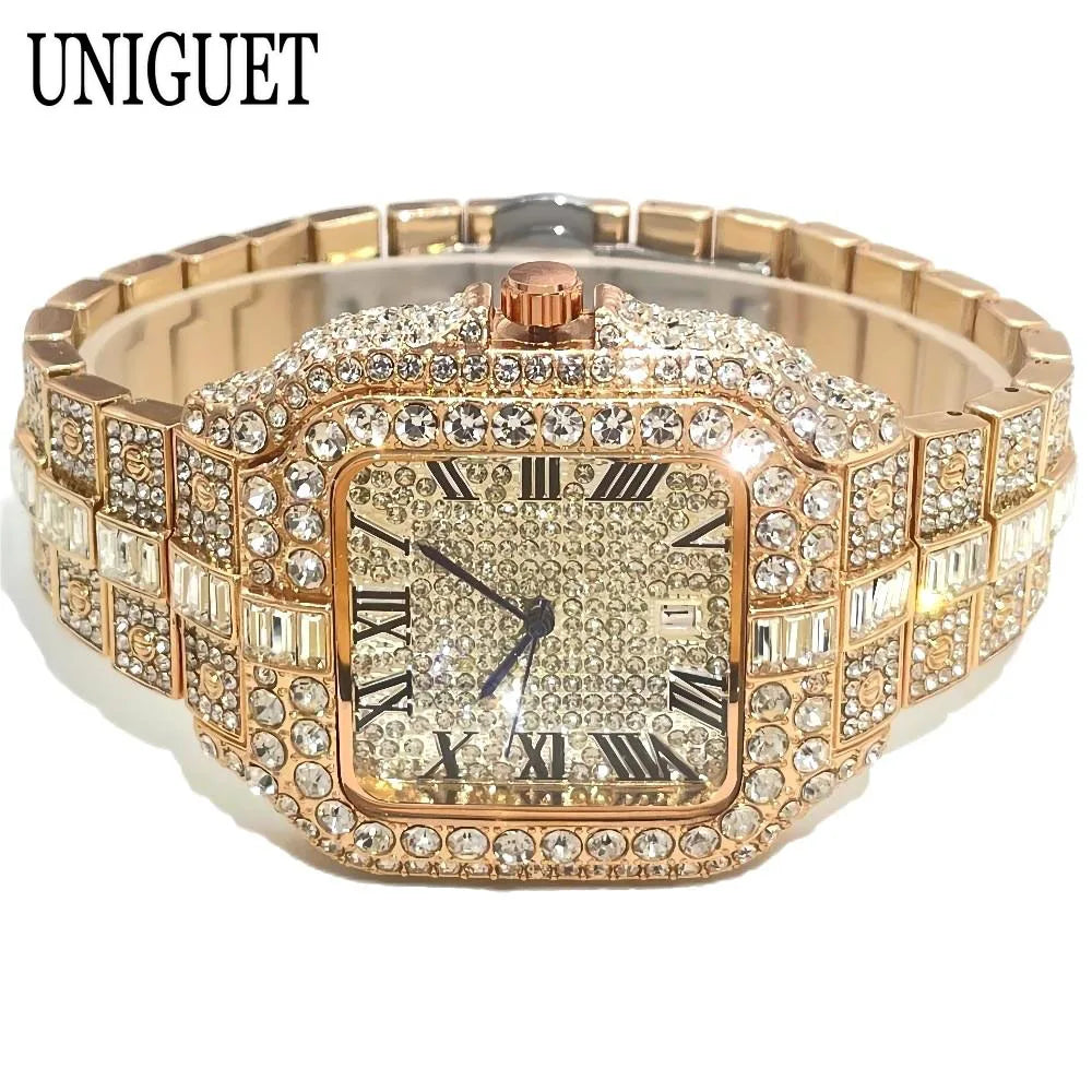 Marque de mode chaude UNIGUET Hip Hop or Rose diamant glacé montre pour hommes de luxe carré étanche Quartz homme horloges Relogio Masculino