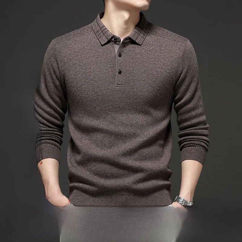 Chemise de base tricotée en pure laine épaisse à manches longues pour hommes Polo d'affaires décontracté Pull à col rayé pour personnes d'âge moyen...