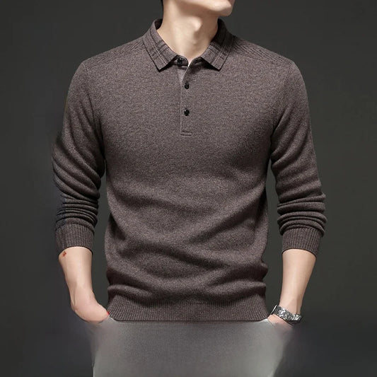Chemise de base tricotée en pure laine épaisse à manches longues pour hommes Polo d'affaires décontracté Pull à col rayé pour personnes d'âge moyen...