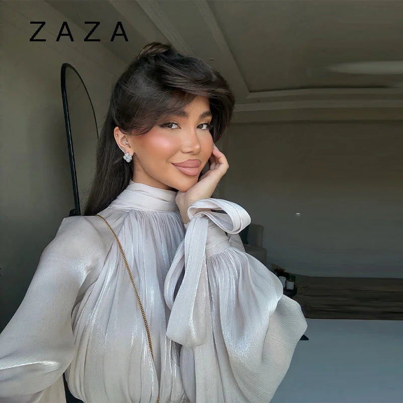 Robe Maxi Femme Brillante – Volants, Coupe A Slim, Manches Longues, Lacets, Élégante pour Soirées et Club, Robe d’Été Luxe