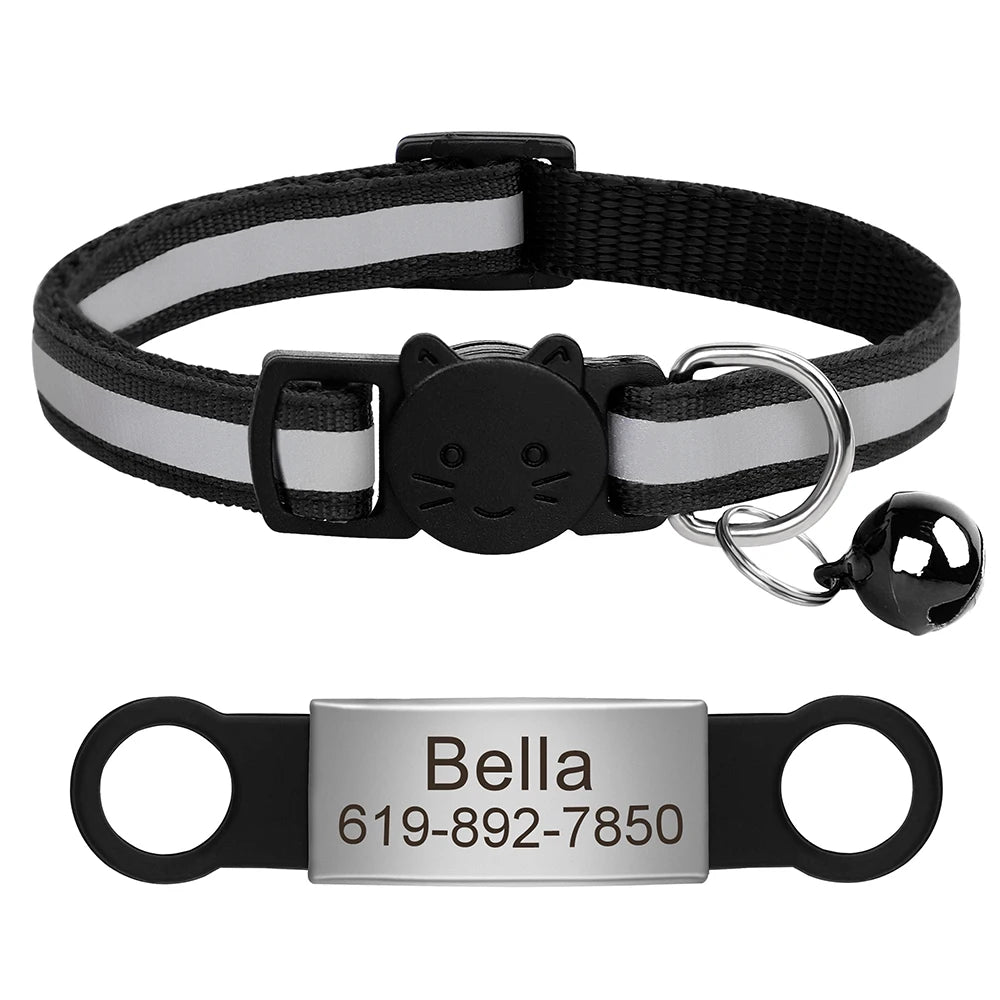 Personalized Reflective Cat Collar with Engraved ID Tag & Bell