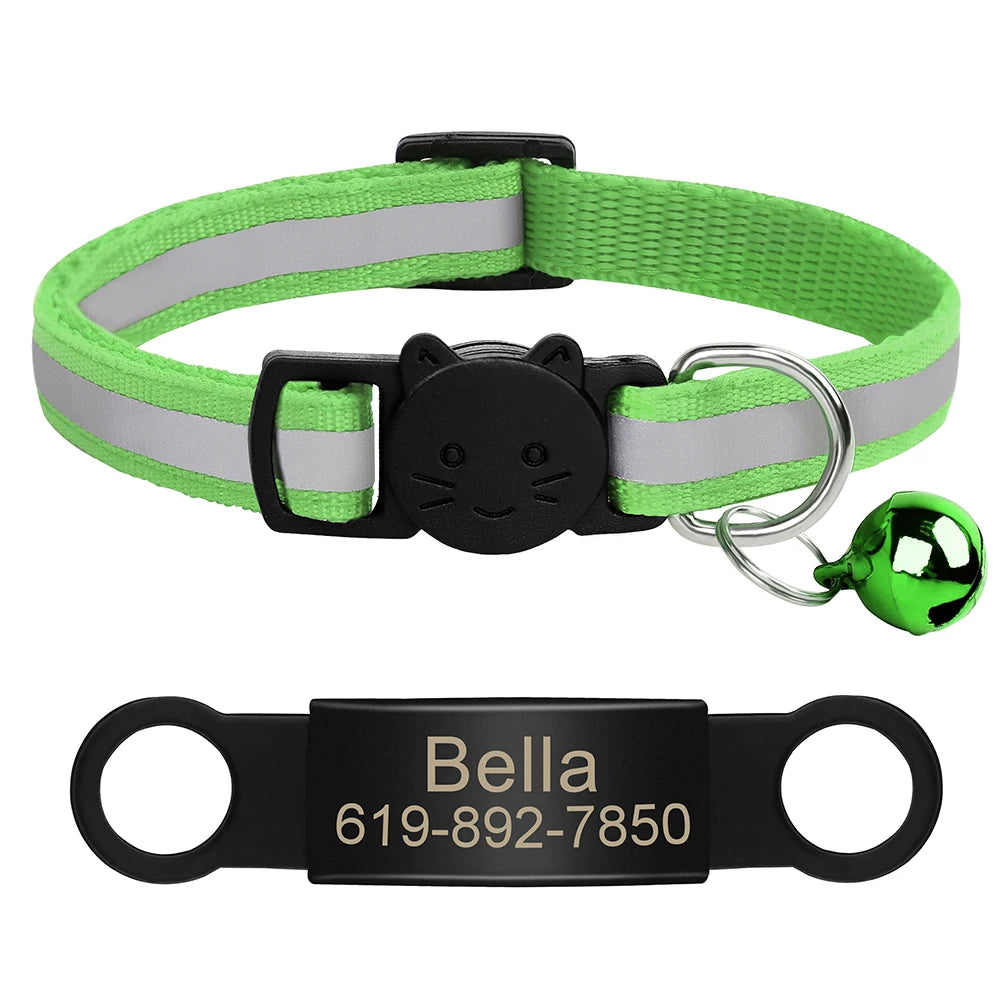 Personalized Reflective Cat Collar with Engraved ID Tag & Bell