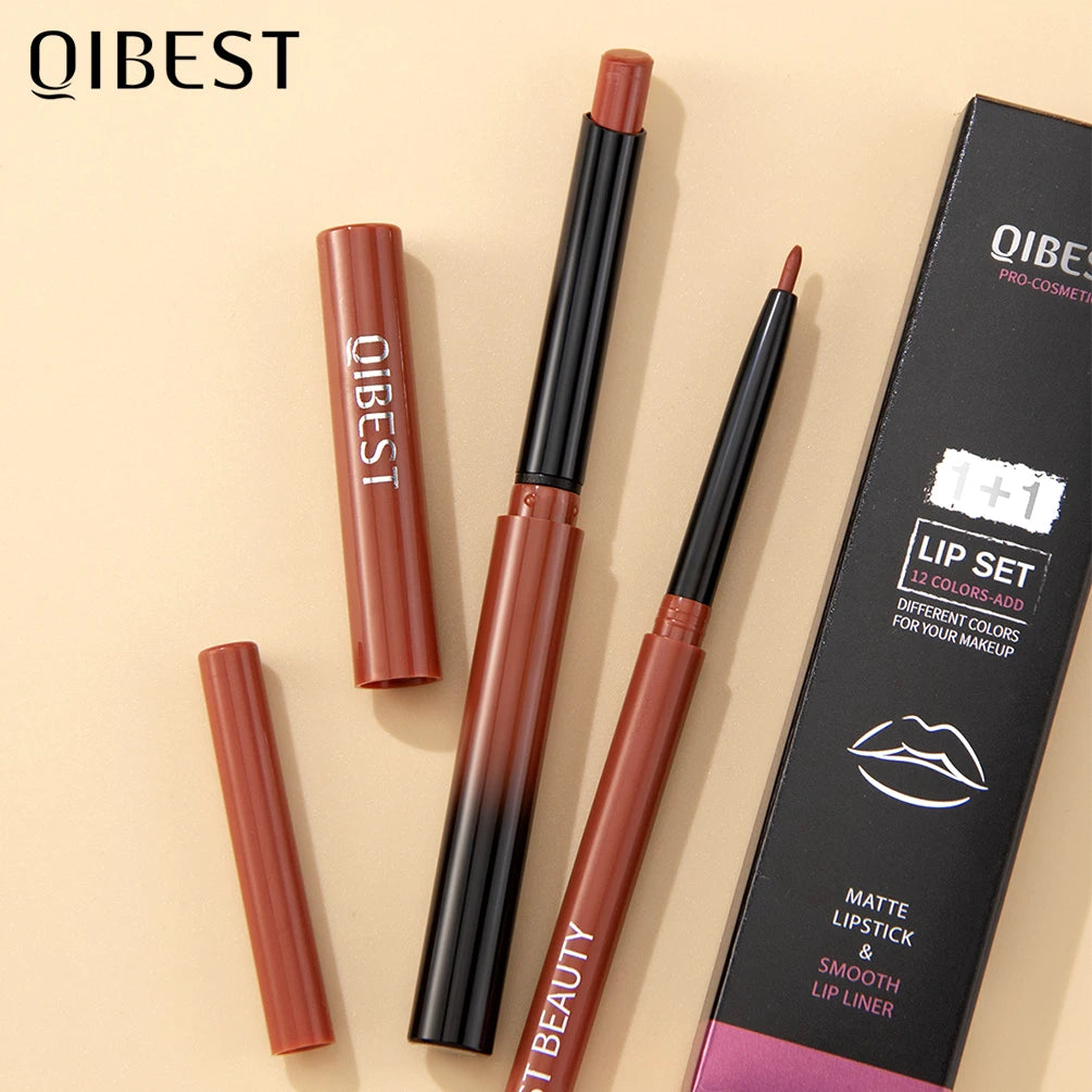 Coffret 2 pièces – Rouge à lèvres mat et crayon contour des lèvres nude | Tenue longue durée et waterproof | Maquillage lèvres précis et élégant