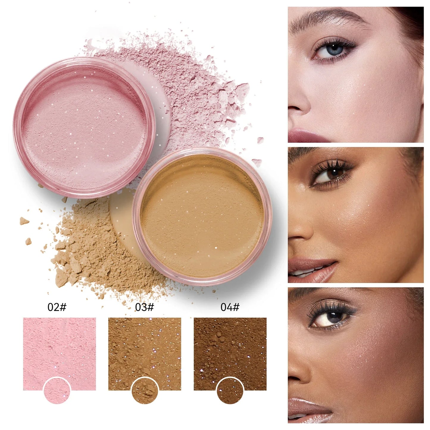 Poudre fixante pailletée rose – 4 couleurs, longue tenue, contrôle de l’huile, nacrée, naturelle, poudre libre mate et scintillante, maquillage, cosmétique