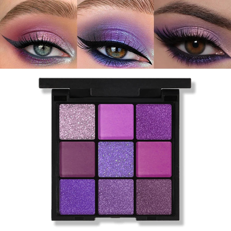 **« Palette fards à paupières 9 cases – Rouge et violet, pailleté, nacré et mat, longue tenue »**