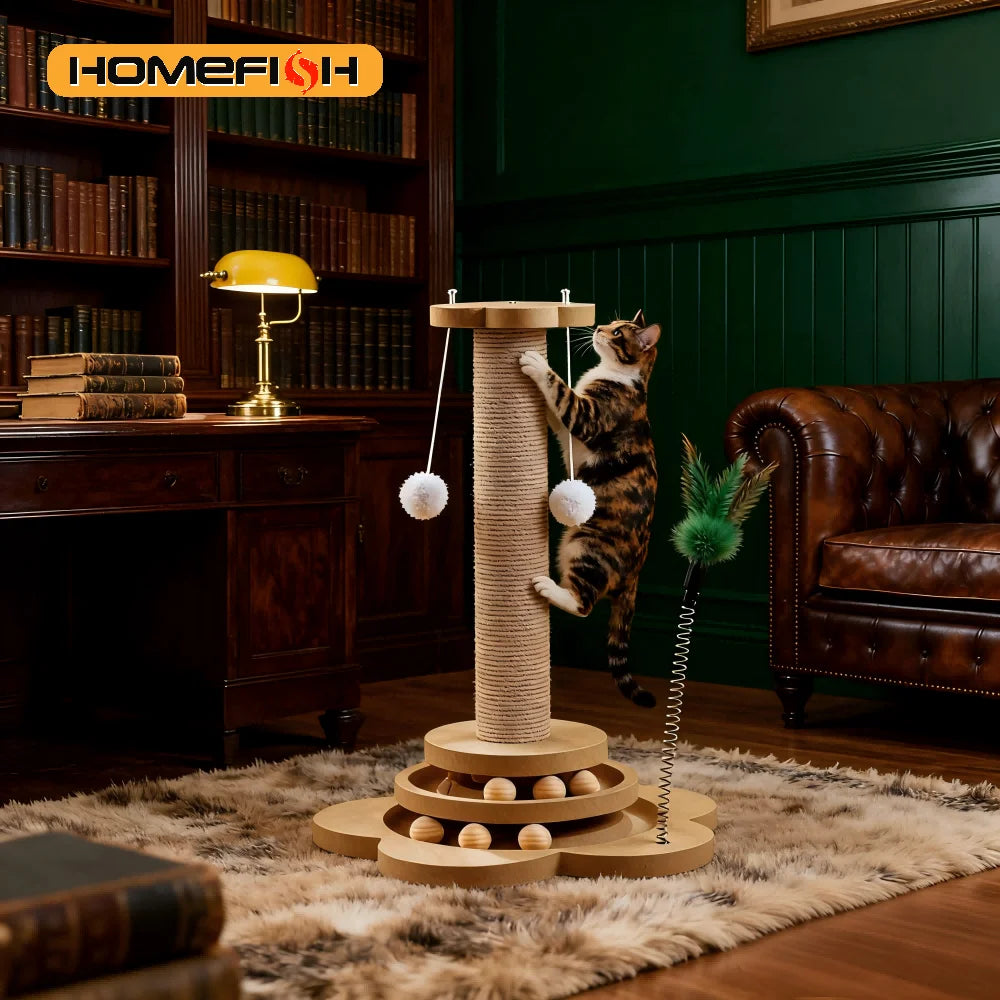 Wooden Interactive Cat Toy – Turntable with Sisal Scratcher & Rolling Balls
