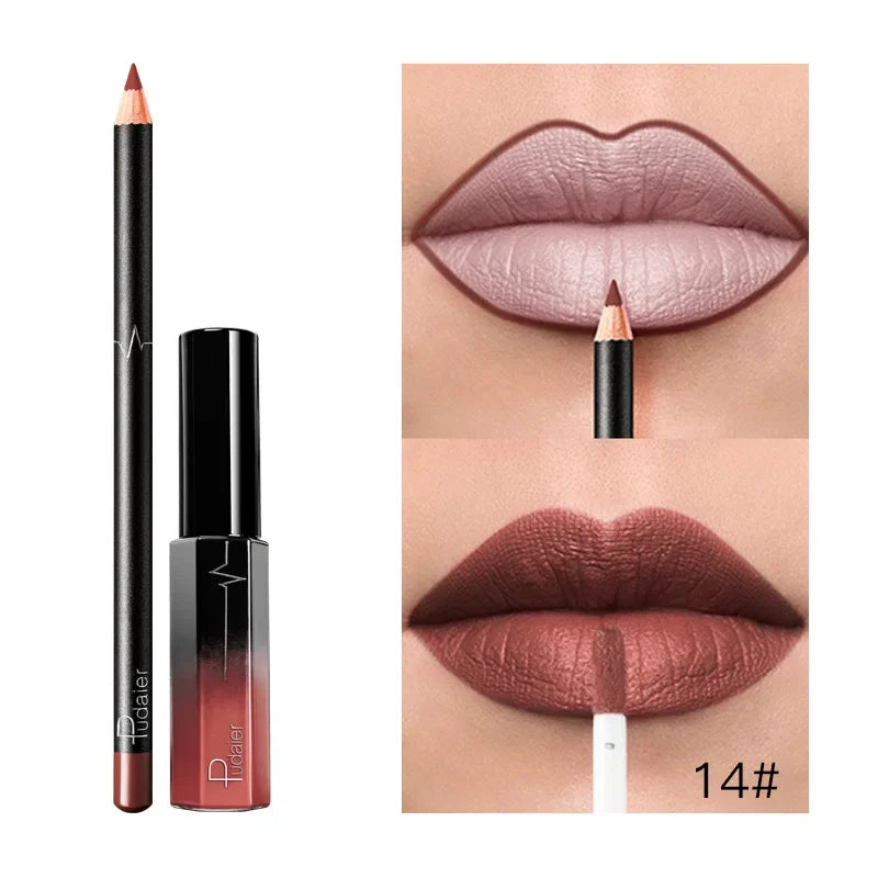 Set 2-en-1 rouge à lèvres mat velours – Crayon contour intégré | Tenue longue durée et waterproof | Gloss liquide et crayon pour un maquillage lèvres précis et élégant
