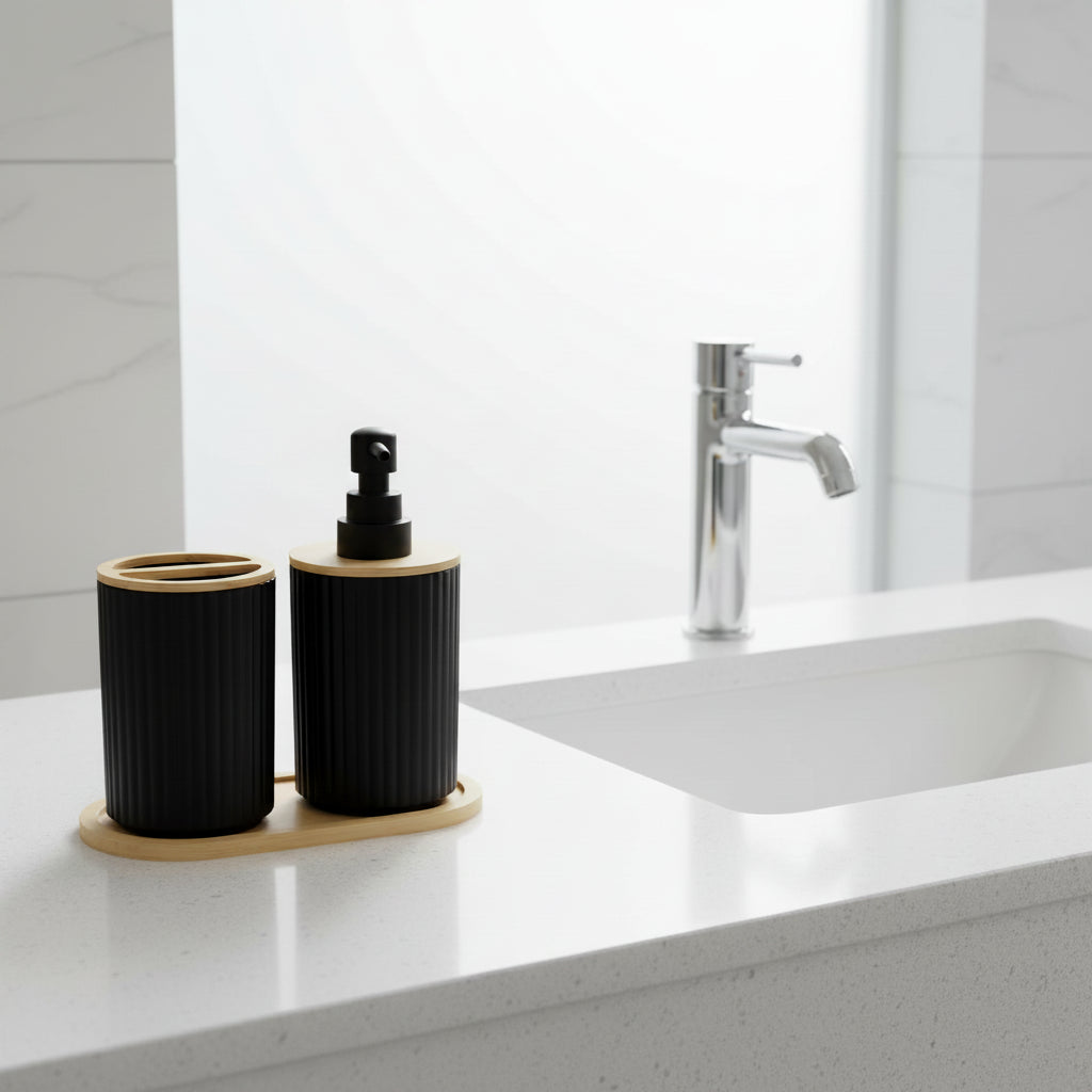 2PCS Black Bathroom Accessories Set – Soap Dispenser & Toothbrush Cup