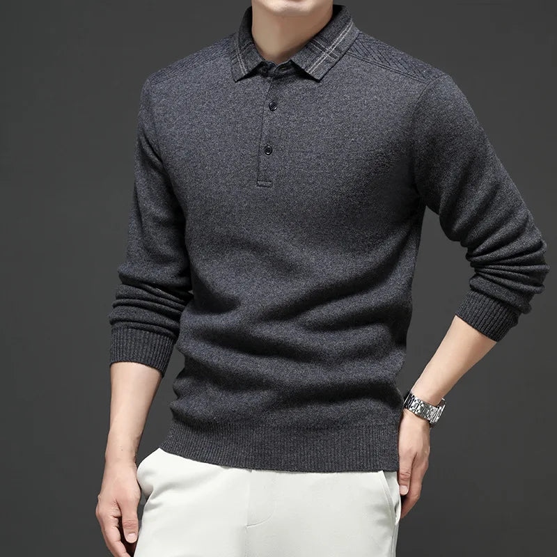 Chemise de base tricotée en pure laine épaisse à manches longues pour hommes Polo d'affaires décontracté Pull à col rayé pour personnes d'âge moyen...