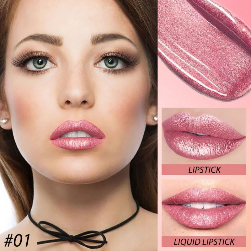 Rouge à lèvres 2-en-1 + gloss — Couleur métallique et nacrée | Tenue longue durée et hydratante | Waterproof | Finition brillante et sexy pour maquillage des lèvres