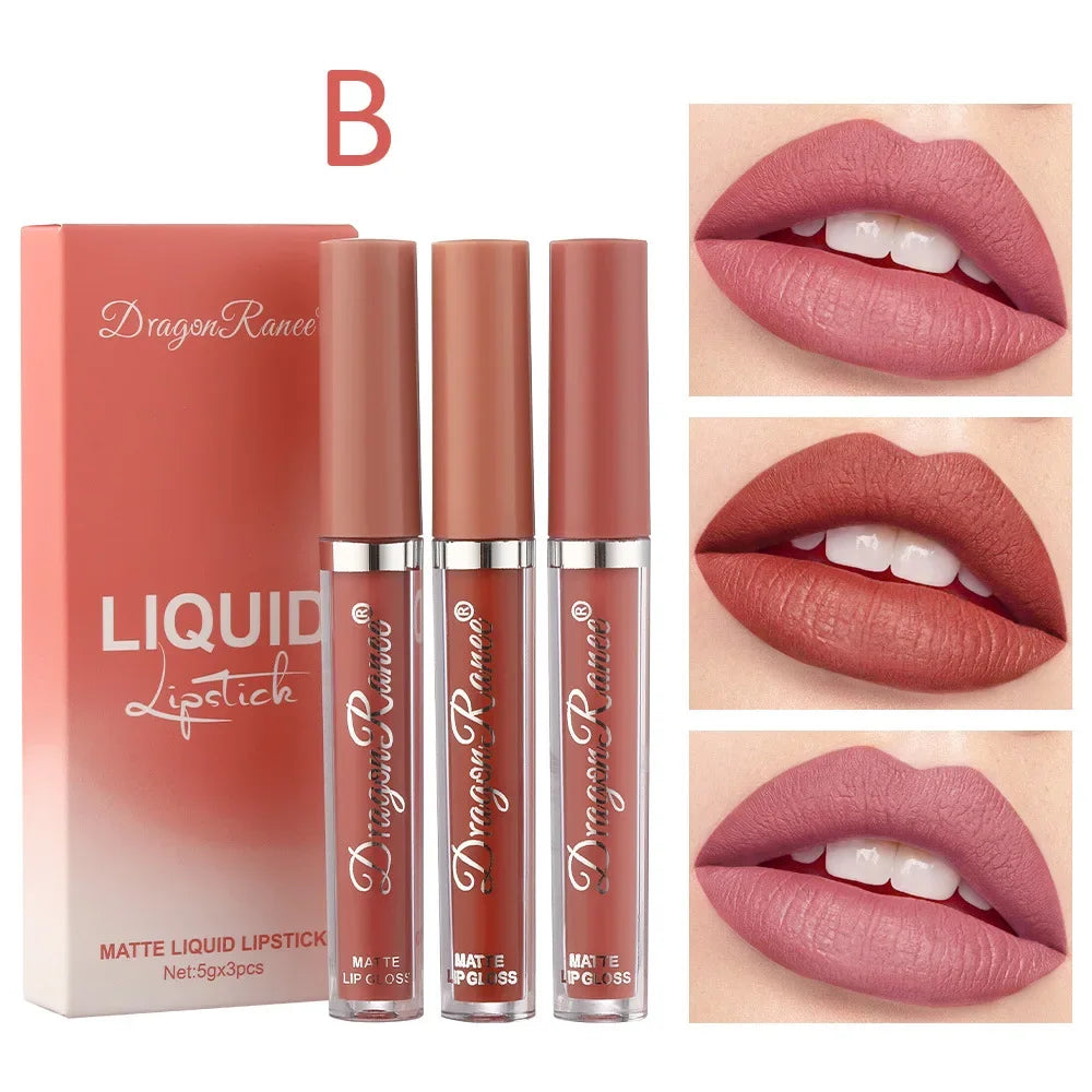 Coffret de 3 rouges à lèvres liquides – Maquillage longue tenue pour femmes | Cosmétiques coréens | Finition mate et imperméable | Couleur durable