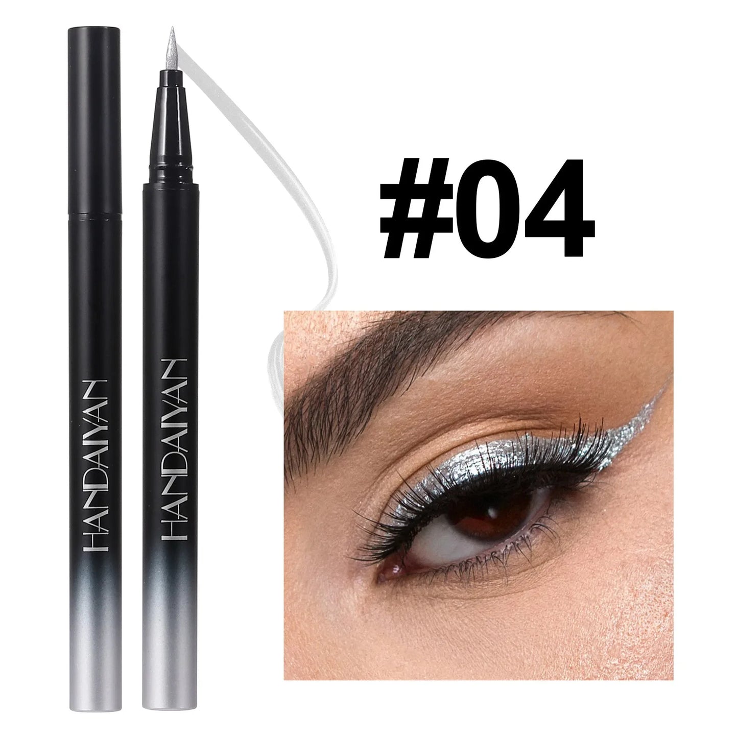 Eyeliner Liquide Diamant — brillant, waterproof, séchage rapide, fini métallique argent et or, perlé, effet soyeux, illumine le regard