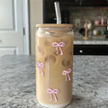 500ml Pink Bow Glass Cup with Lid & Straw – Cute Tumbler for Iced Coffee, Matcha, Juice & Smoothies