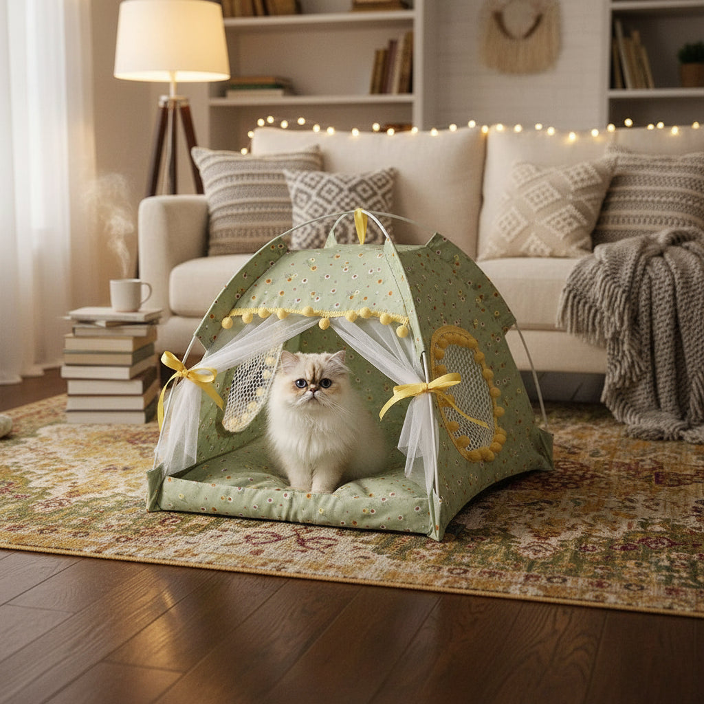 Foldable Princess Pet Bed – Floral Cat & Dog Tent House with Removable Cushion