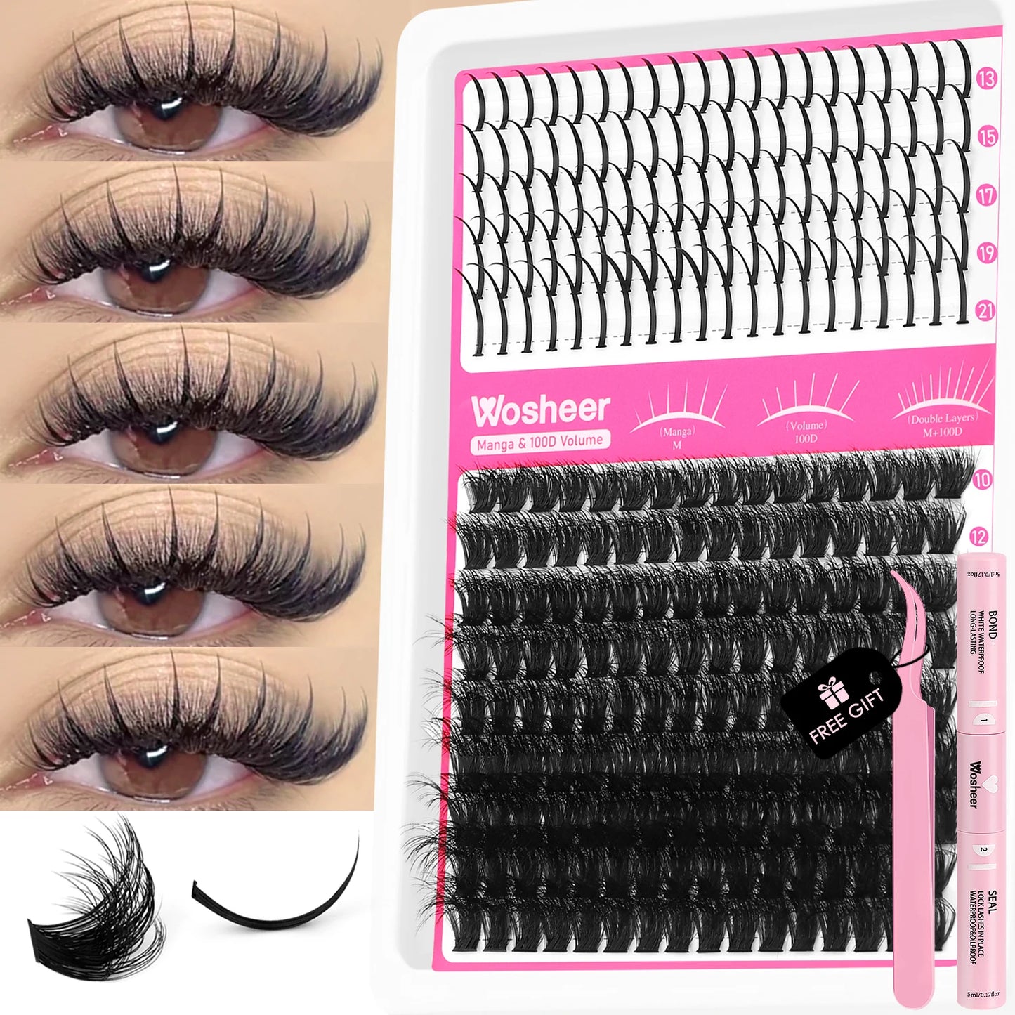 Kit de grappes de cils – Grappes de cils en pointe, volume, cils individuels, DIY – Extensions de cils style manga, effet piquant