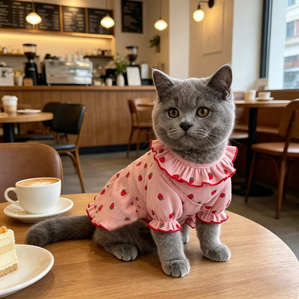 Strawberry Print Pet Dress – Cute Lace Summer Outfit for Small Dogs & Cats