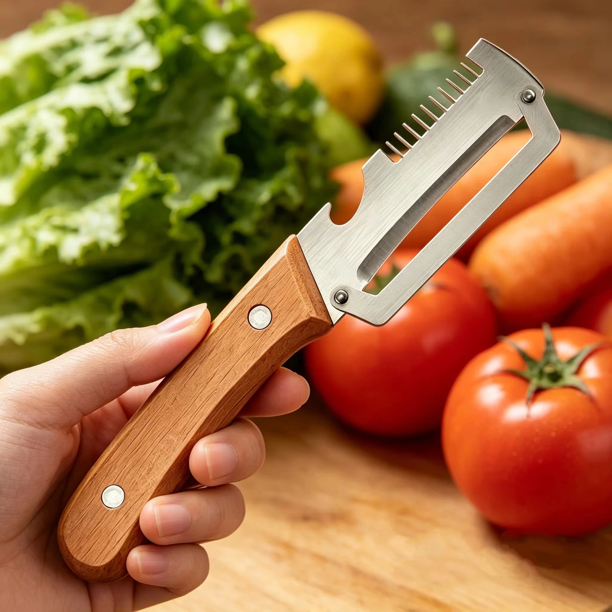 Multifunction Stainless Steel Peeler with Wooden Handle – Durable Fruit & Vegetable Peeling and Slicing Tool