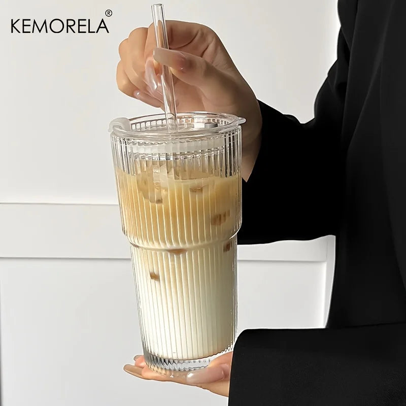 600ml Ribbed Glass Coffee Cup with Lid & Straw – Transparent Tumbler for Iced Coffee, Juice & Cold Drinks