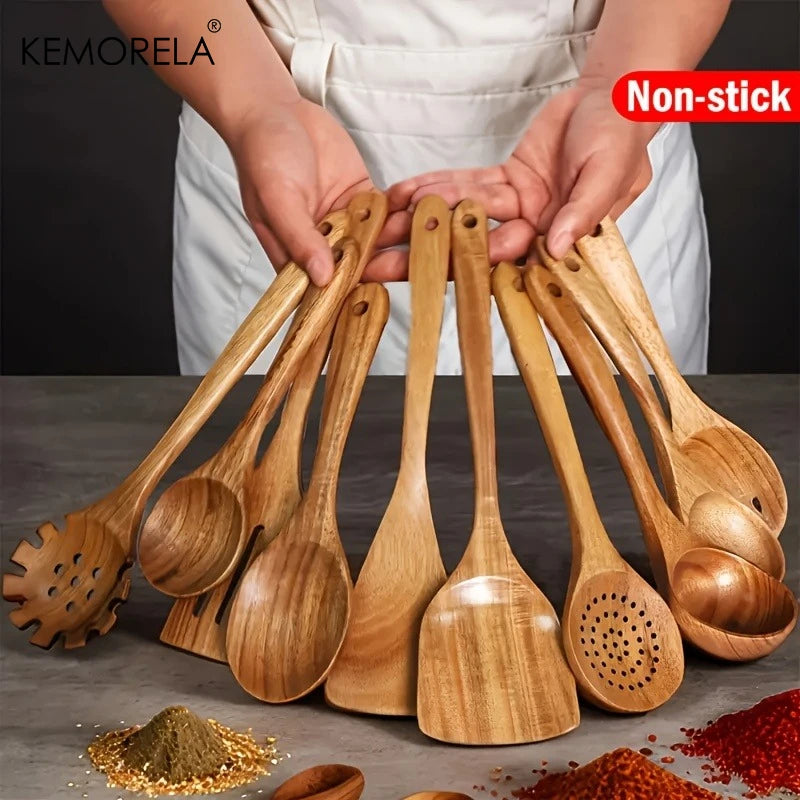 10-Piece Natural Wooden Kitchen Utensil Set – Wooden Spoons, Spatulas & Ladles for Cooking and Serving