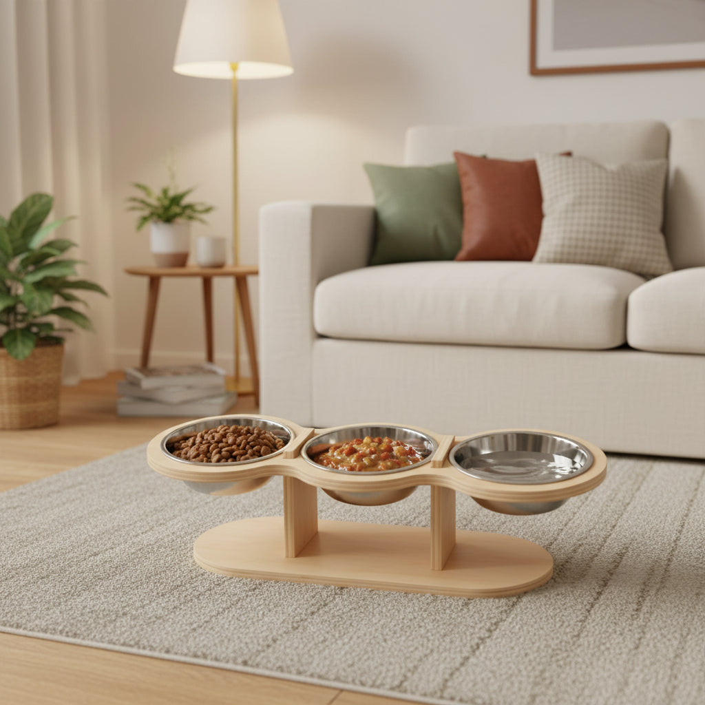 Elevated Wooden Pet Feeder with 3 Stainless Steel Bowls – Food & Water Station