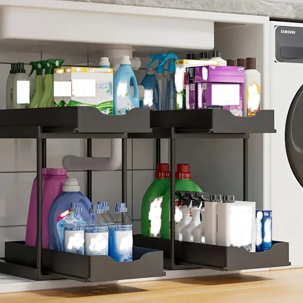 Double-Layer Pull-Out Kitchen Storage Rack – Under Sink Organizer with Hooks