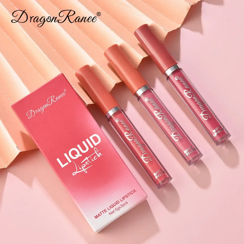 Coffret de 3 rouges à lèvres liquides – Maquillage longue tenue pour femmes | Cosmétiques coréens | Finition mate et imperméable | Couleur durable