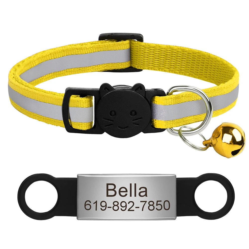 Personalized Reflective Cat Collar with Engraved ID Tag & Bell