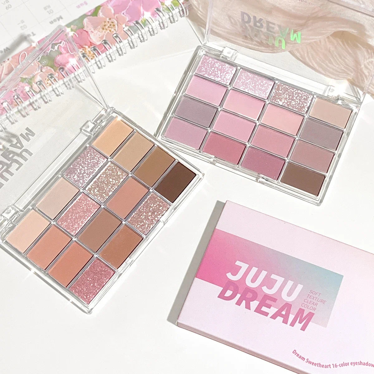 Palette fards à paupières 16 couleurs, mats et scintillants, tons nude terre, texture soyeuse et facile à estomper, style coréen naturel